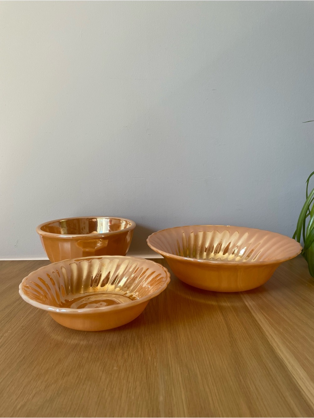 Vintage Fire-King Peach Lustre Swirl Ceramic Bowls Set of 3 Midcentury